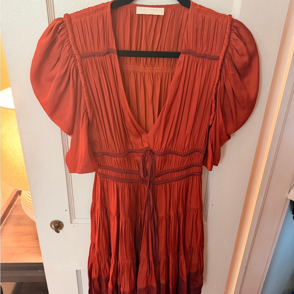Ulla Johnson Burnt Orange Tiered V-Neck Midi Dress